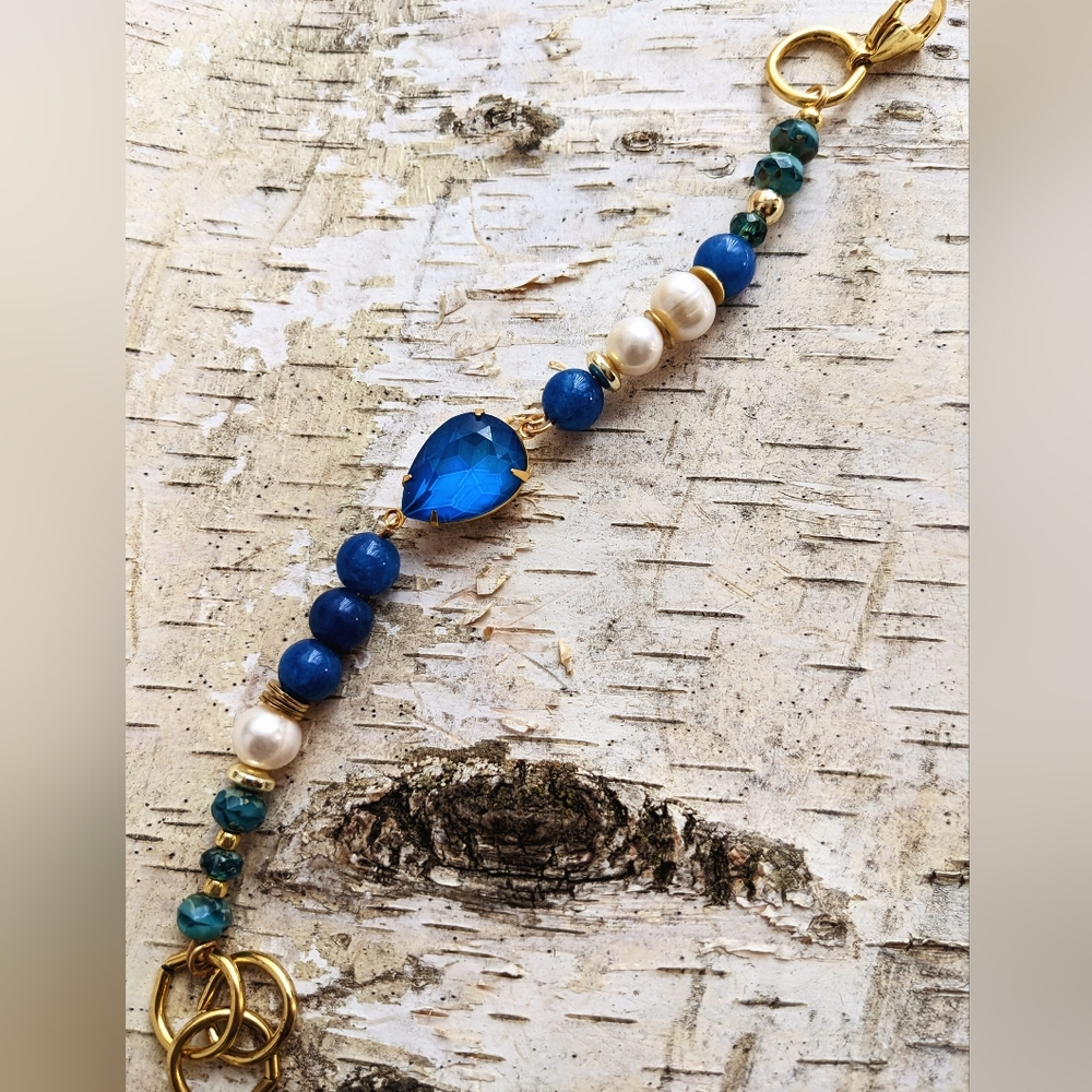 Dark Blue Jade,  Picasso Blue Beads & Pearls Crystal Pendant  Bracelet - Picture 3 of 7
